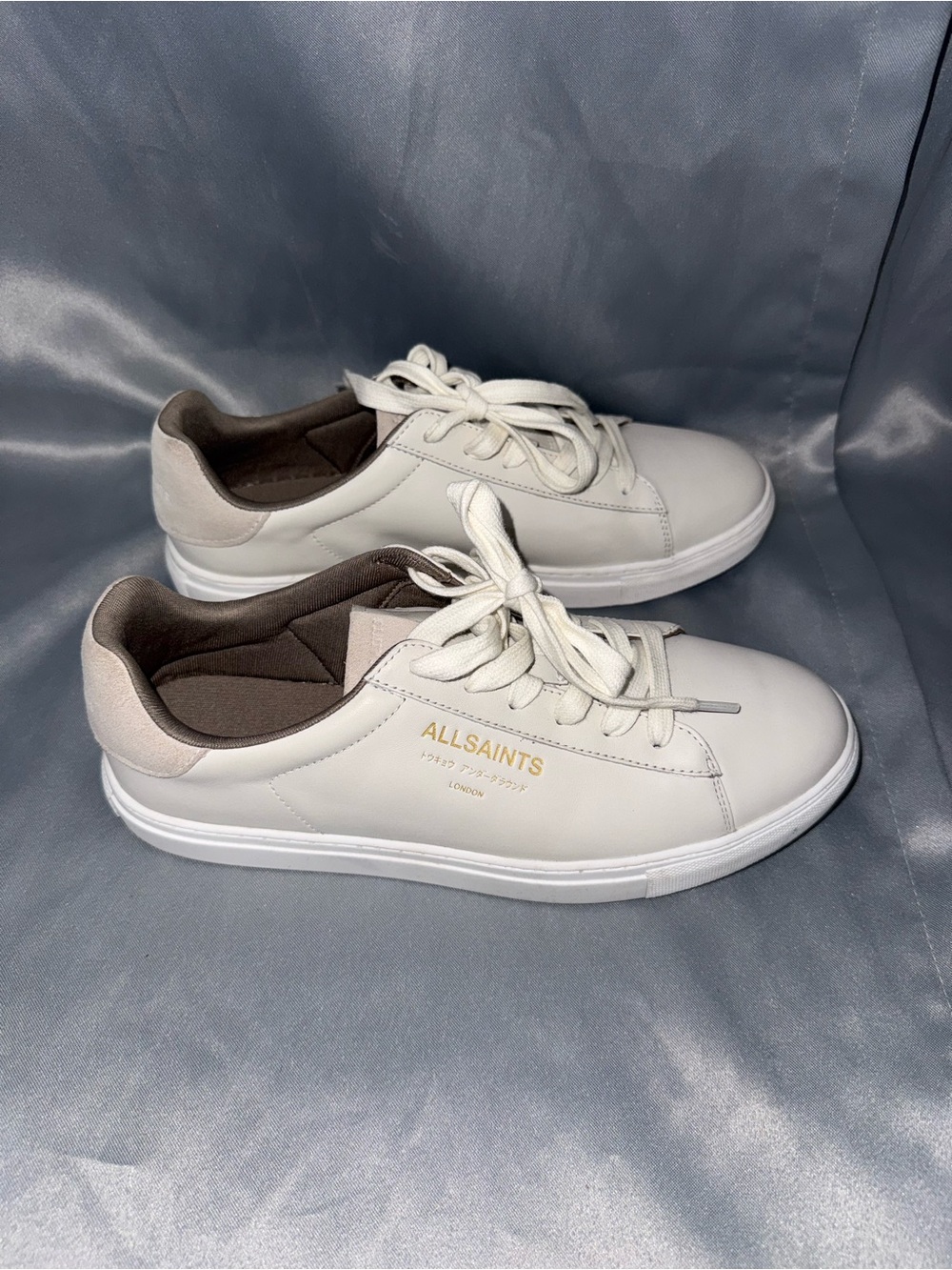 AllSaints White Leather Low-Top Sneakers with Brown Lining